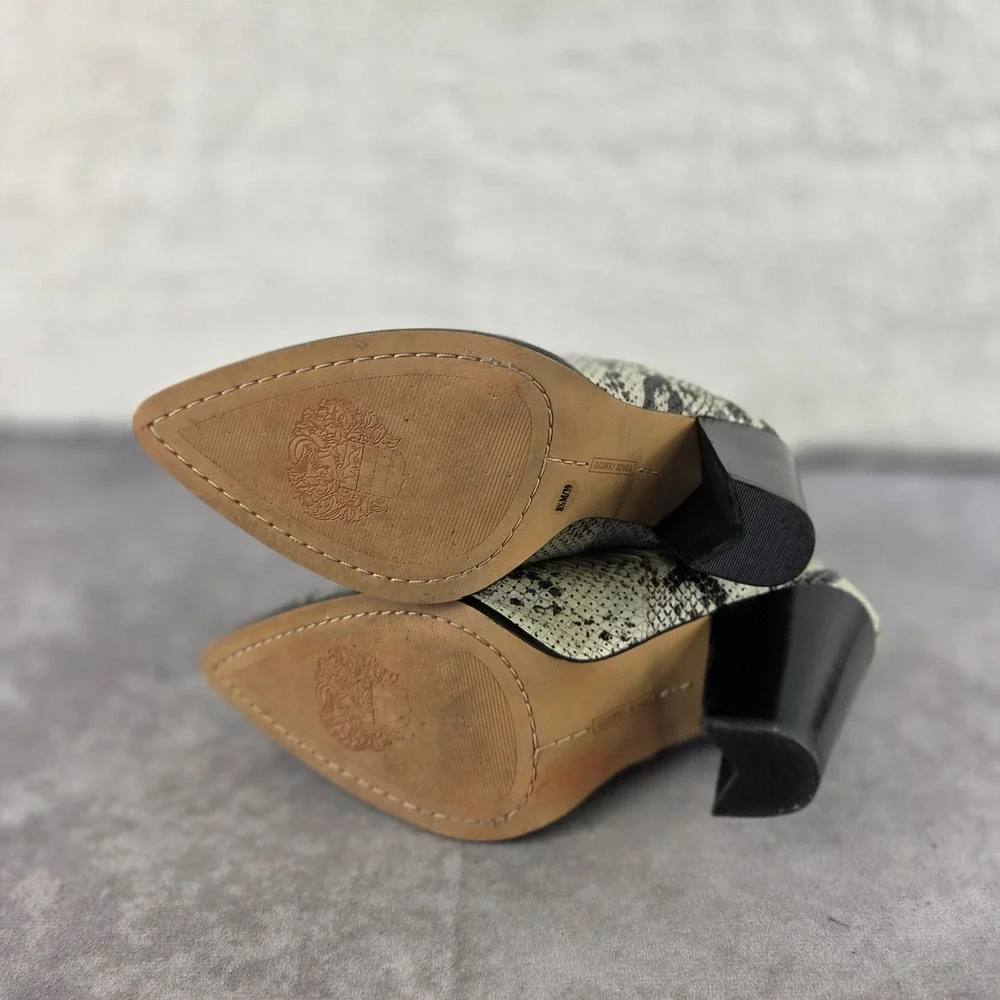 Vince Camuto Snakeskin Ankle Booties Pointed Toe Cone Heel Cream Black 8.5M